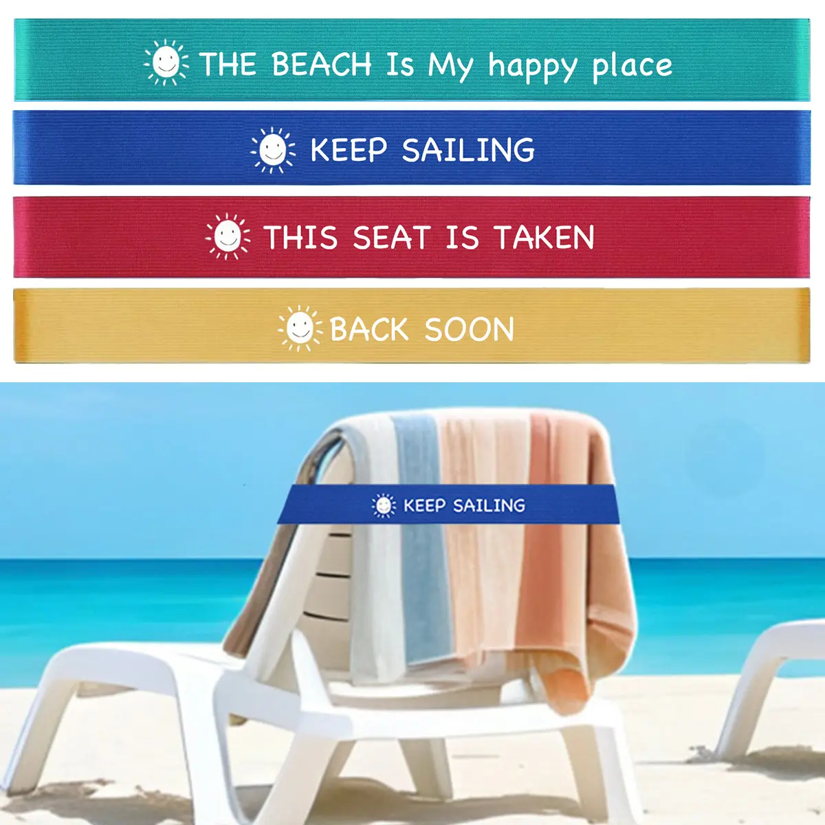 4 Pack Elastic Sun Lounger Straps, Durable Fabric Towel Bands in Bright Colours, Windproof & Lightweight Holder for Beach Holidays & Cruise Chairs