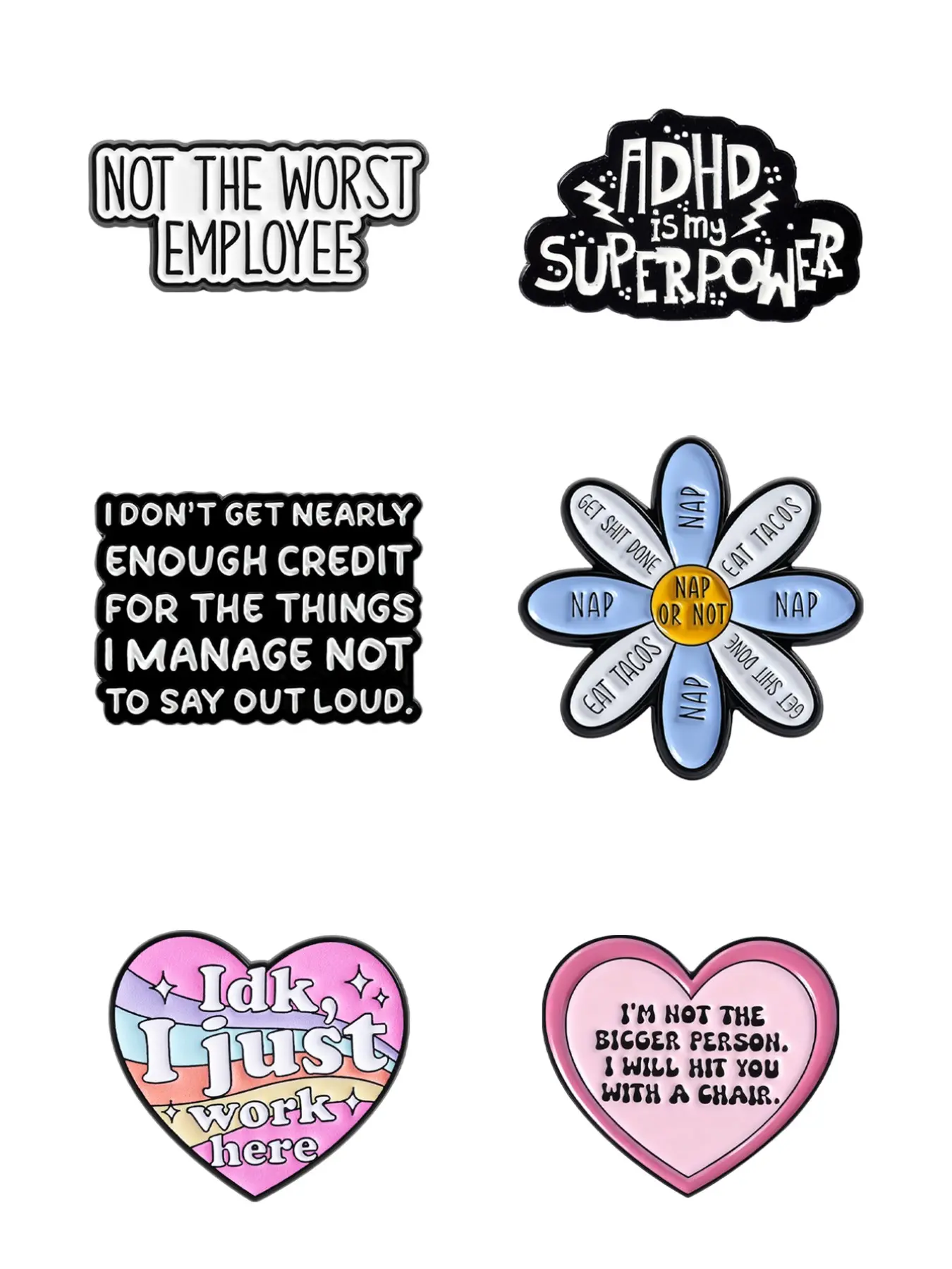 6-Piece Cartoon Fun Badges Funny Humorous Self-Deprecating Attitude Pins, Lapel Pins, Warning Signs for Stress Relief, Emotional Expression, Daily Emotion Expression Daily Expressions Accessories Brooch Pins