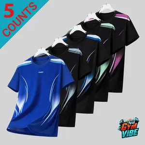 5PCS Men's Slim Fit Colorful Line Print Athletic T-Shirts, Casual Crew Neck Streetwear Tops, Ideal For Sporty Street Style, Gym, Training And Daily Wear
