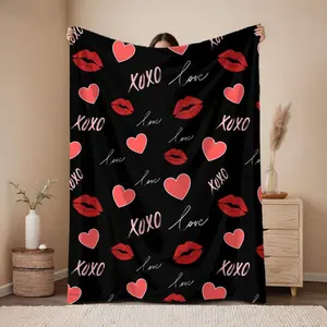 Valentines Day Flannel Blanket Velveteen Love Throw Black Lip Heart Design XOXO & Love Text Velvet Texture Lightweight Cozy Bedroom Decorative Accent Piece
