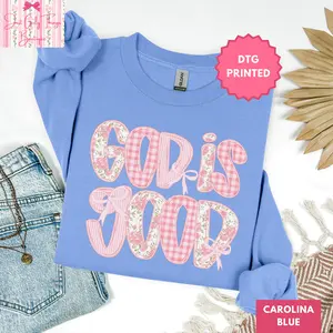 Coquette God is Good Sweatshirt - Preppy Christian Sweatshirt, Floral Religious Sweatshirt, Grandmillennial Gingham Checkered Faith Based Sweatshirt, Bible Verse Crewneck