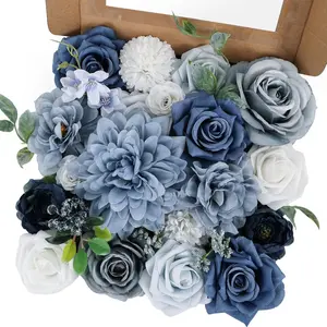 Artificial Flowers Combo Dusty Blue Silk Fake Flower Box Set for Wedding Bridal Roses Bouquets Baby Shower Birthday Party Decorations DIY Floral Centerpieces