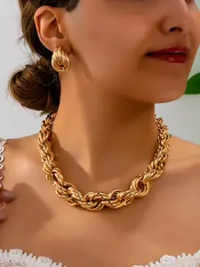 3-Piece Boho Chunky Jewelry Set for Women, Geometric Style Thick Chain Necklace and Earrings, Perfect for Daily Wear, Vacation, and Gifting
