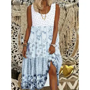 Plus-Size Floral Print Elegant Tank Dress - Sleeveless Round Neck Midi Vacation Style Dress, Perfect for Chic & Casual Spring & Summer Outings.
