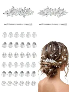 40 Pieces Rhinesetones Hair Clips, Include 4 Piece Crystal Hair Pins and 36 Pieces Spiral Hair Gems, Swirl Diamond Pearl Hairpins Flower Sparkling Hair Accessories for Wedding,brides, Party, Prom