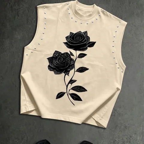 Men's Street Style Graphic Sleeveless Vest, Dark Rose Print Rivet Decoration, Loose-Fitting Relaxed Fit Round Neck Top, American High Street Fashion Streetwear, Streetwear Tank Vest, Sleeveless Vest Tops, Sleeveless Clothes