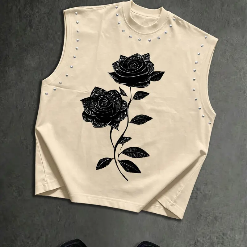 Men's Street Style Graphic Sleeveless Vest, Dark Rose Print Rivet Decoration, Loose-Fitting Relaxed Fit Round Neck Top, American High Street Fashion Streetwear, Streetwear Tank Vest, Sleeveless Vest Tops, Sleeveless Clothes