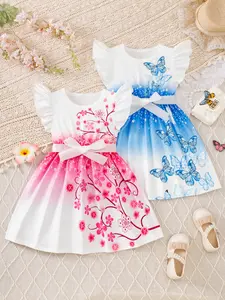 Girls' Dress Set, Butterfly & Flower Print, Elastic Waist Design, Soft Comfortable Fabric, Perfect for Playtime & Gifts, Floral Print Dress, Spring Dresses