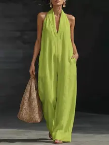 Summer New Women's Casual, V Neck Sleeveless Top, Straight Leg Pants, Loose Fit, Vacation & Commute, European Style, Chic
