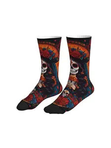 Colorful Background La Catrina Sugar Skull Red Blue Rose Mid Calf Socks Mexican Folk Art Streetwear Socks