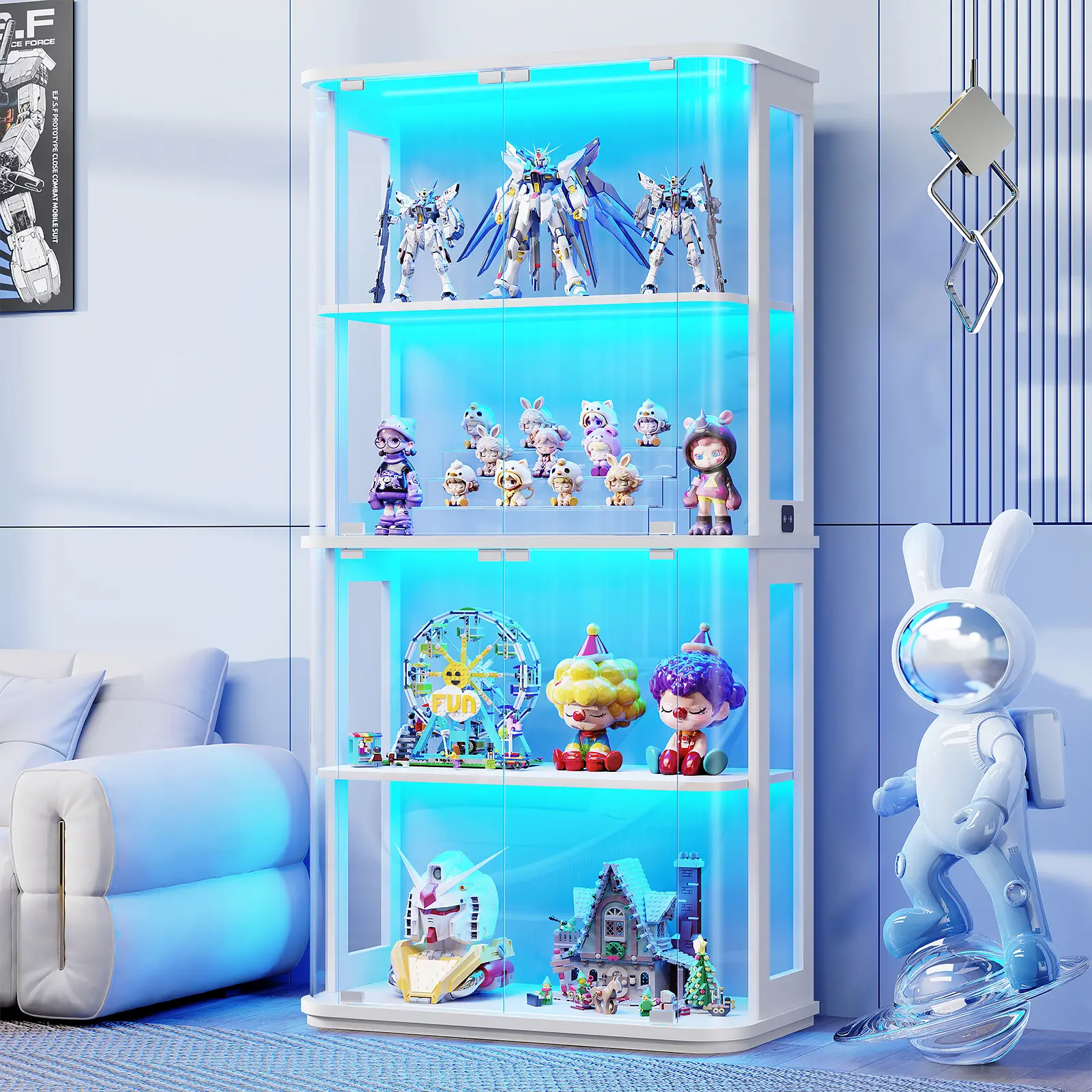 BROTTAR 65" Rounded Display Cabinet with Glass Door, 4-Tier Curio Cabinet with Transparent Full-Display Surface, Glass Display Case with 3 Color Lights for Collectibles, Human Body Sensor, White/Black