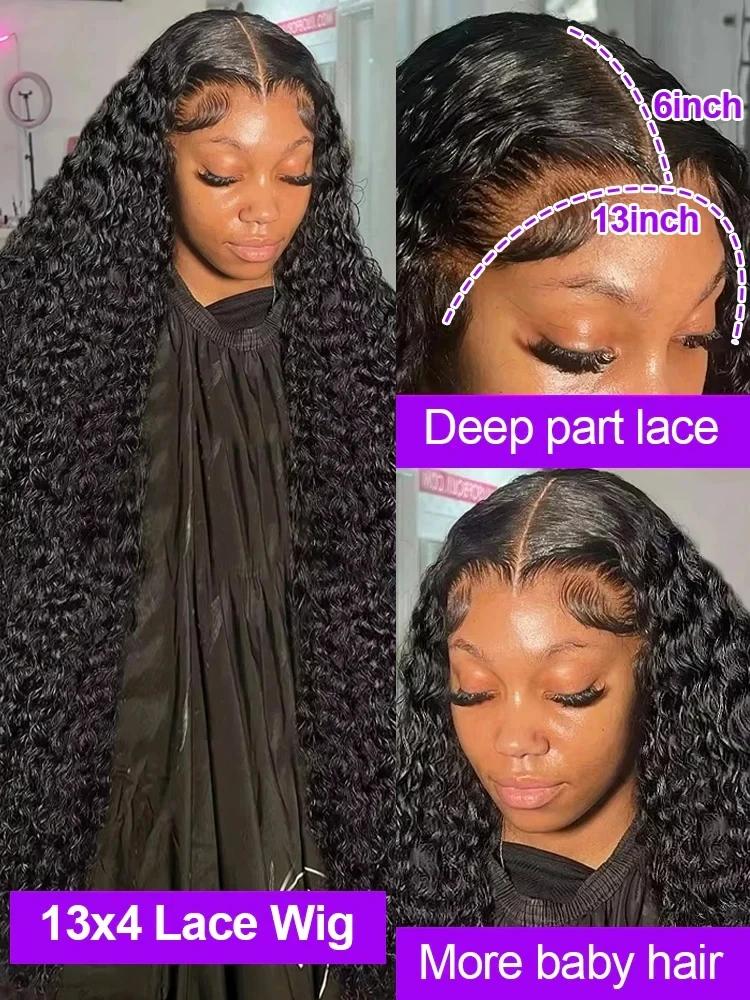 Kinky Curly Human Hair Hd Transparent Lace Wigs Pre Plucked Natural Hairline 180 Density 13X4 13X6 Water Wave Curly Human Hair Wig 30 36 Inch Lace Front Deep Human Hair Wig For Women Natural Color