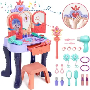 Toddler Vanity Makeup Table with Mirror and Chair Open Doors by Gestures Kids Vanity Set with Music Sound Light Magic and Accessories Girls Vanity for Toddlers 3-5 Years Old