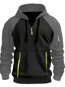 Men's Patchwork Half Zip Hoodie, Casual Regular Fit Long Sleeve Hooded Sweatshirt for Daily Wear, Men's Top for All Seasons, Casual Sports Hoodie