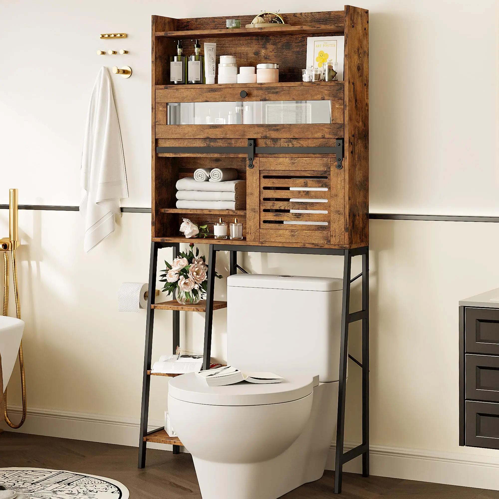 IRONCK Vintage Brown Over-The-Toilet Bathroom Floor Cabinet - Sliding Barn Door, Side Open Rack, High-Capacity Space-Saving Organizer for Cozy Apartments, Bathroom Decor Ideas
