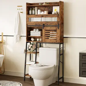 IRONCK Over The Toilet Storage with Cabinet, Sliding Barn Door, Side Storage Open Rack, Mass-Storage Over Toilet Bathroom Organizer for Bathroom, Restroom, Laundry, Vintage Brown