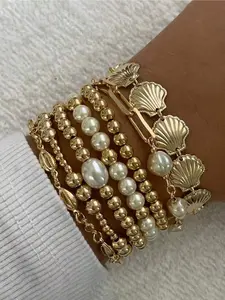 7pcs Vintage Elegant Boho Jewelry Set, Ocean Style Faux Pearl, Heart, Shell, Fan-Shaped Beaded Bracelets, Personalized Simple High-End Layered Bangle Bracelets, Women Summer Beach Party Date Gift Daily Outfit
