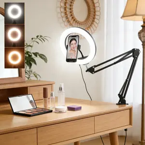 8-inch circular photography light, Desk ring light, cantilevered mobile phone fill light, with phone holder, 3-color adjustable light, foldable holder, USB power supply, can be used for video recording, photography lighting, Vlog, Live streaming, makeup