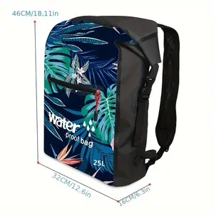 Tropical Floral Print PVC Backpack, Durable Travel & Outdoor Sports Bag with Adjustable Straps, Black, Ideal for Beach, Swimming, and Hikin