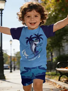 California Surf Shark Digital Print Baby & Kids Short Sleeve Set, Casual Children's Clothing, T-Shirt Suitable for Daily and Outdoor Activities, 100% Polyester, Perfect Gift for Infants and Toddlers!