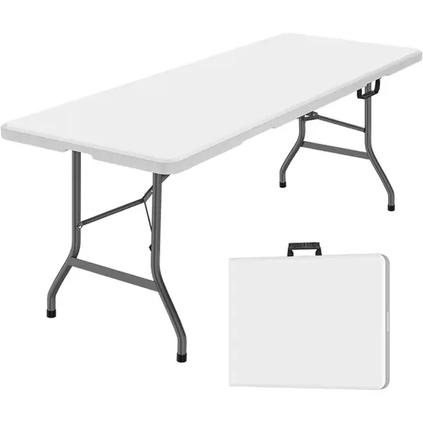 6-foot folding table, bi-fold plastic table, suitable for indoor and outdoor use picnics, parties, dining, camping, white.