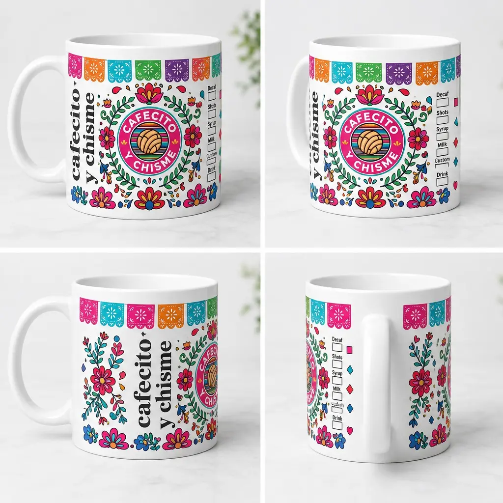 BPA-Free Mexican Cafecito y Chisme Themed 11 oz Ceramic Coffee Mug - 1-Piece Mexican Kitchenware Drinkware, Daily Use, Individually Boxed