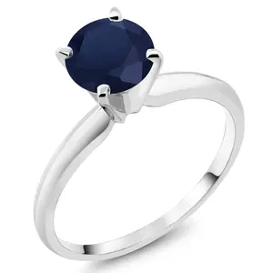 Gem Stone King 14K White Gold Blue Sapphire Solitaire Engagement 4-Prong Ring For Women | 1.10 Cttw | Round 6MM | Gemstone September Birthstone