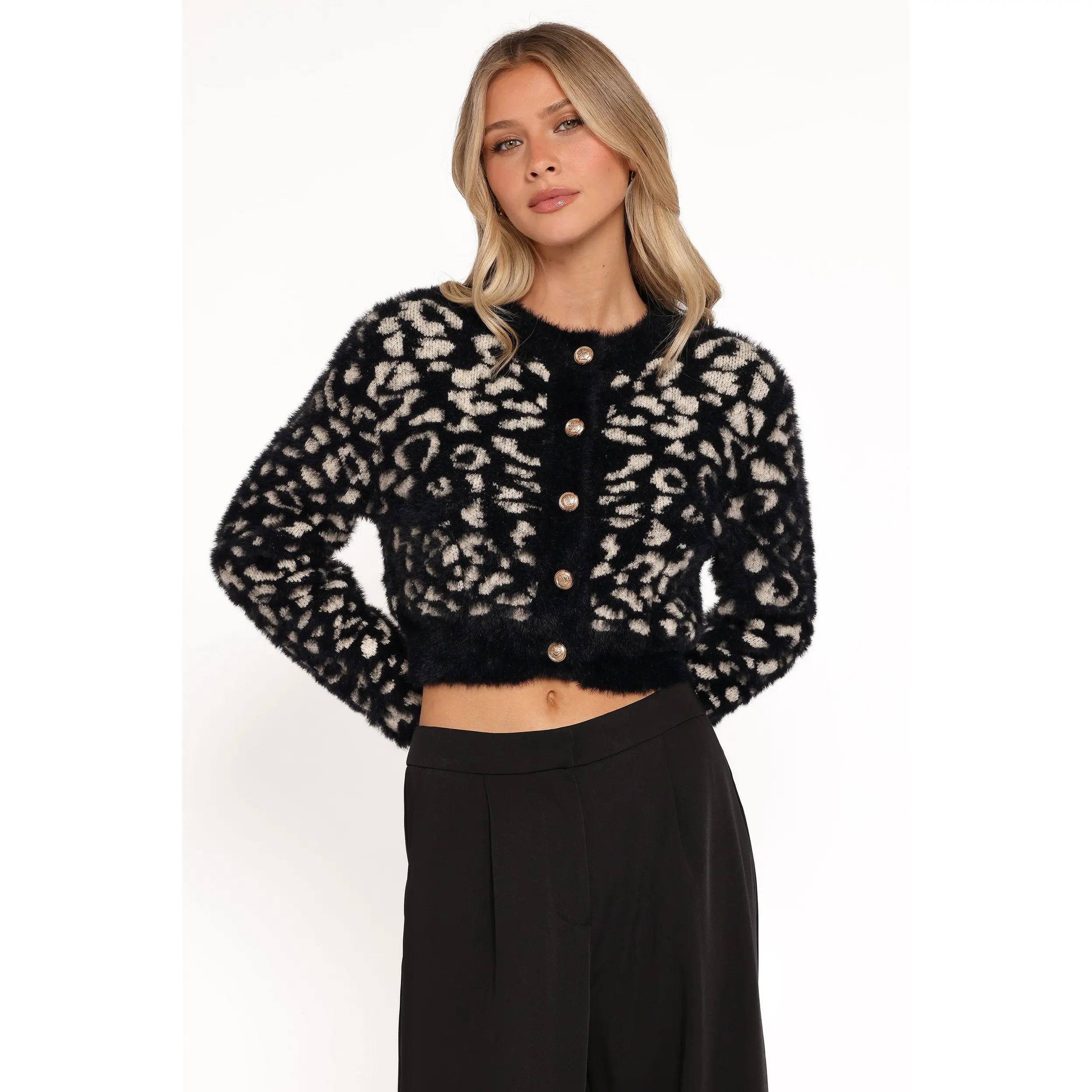 Tyra Animal Print Faux Mohair Cardigan - Black