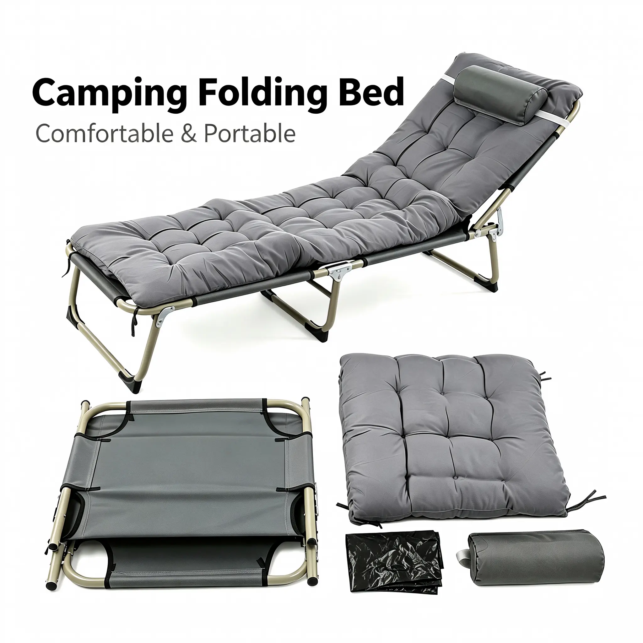 Foldable Recliner Lounger Bed with Iron Frame and Oxford Cloth, Portable Single Cot for Camping, Office, and Outdoor Lounging, Includes Thick Pad and Pillow, Includes Pillow, Recliner Type
