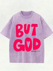 But God Men's Heavyweight 220g Cotton T-Shirt with "BUT GOD" & Heart Print - Loose Fit Round Neck Short Sleeve Casual Streetwear Summer Shirt, Soft Breathable Fabric for Casual Attire