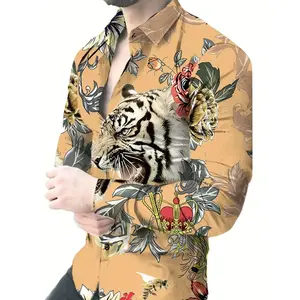 Men’s novelty long-sleeve button-up shirt with fierce tiger and flower 3D graphic print, spring/fall, street style