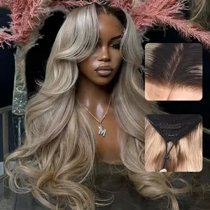 【Upgrade】Drawstring Wig Human Hair Pre Cut Ombre Brown Roots Ash Blonde Wigs Human Hair 180% Density 13x6 Body Wave HD Thin Lace Front Wig for Women Glueless Ombre Blonde Colored Lace Front Wigs