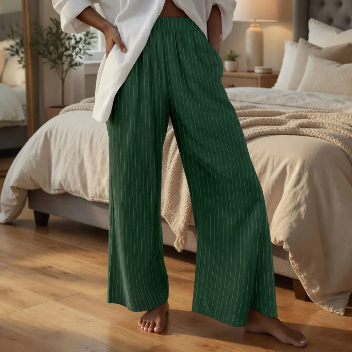 Summer Breathable Striped Linen Trousers / High-Waisted, Versatile, Casual Wide-Leg Pants — Breathable and Skin-Friendly, with Excellent Drape; Features an Elastic Waistband for Everyday Casual Wear.