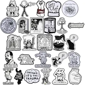 Black White Collection Enamel Pins Bookworm μ Cat Girl Brooches Skeleton Badge Coffee Pot Head Jewelry Gift for Friends