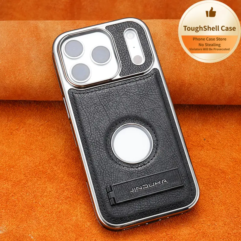 Faux Leather Custom Cellphone Case with Metal Frame Logo-Revealing Stand, Shiny Electroplating, Anti-Drop Full Protection, Retro Luxury Business Aesthetic, Perfect Fit for iPhone 13-17 Series & 17 Pro Max Accessory