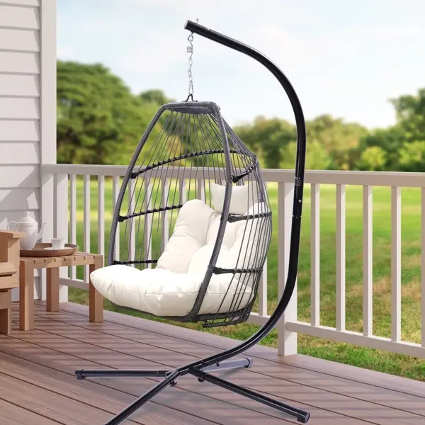 Outdoor wicker folding hanging chair ,Ratten patio swing hammock , egg chair with cushion and billow