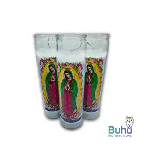 Our Lady of Guadalupe 8" Full Label-White | Virgen de Guadalupe| Set of 3 Religious 8” Candles | Búho Distribution