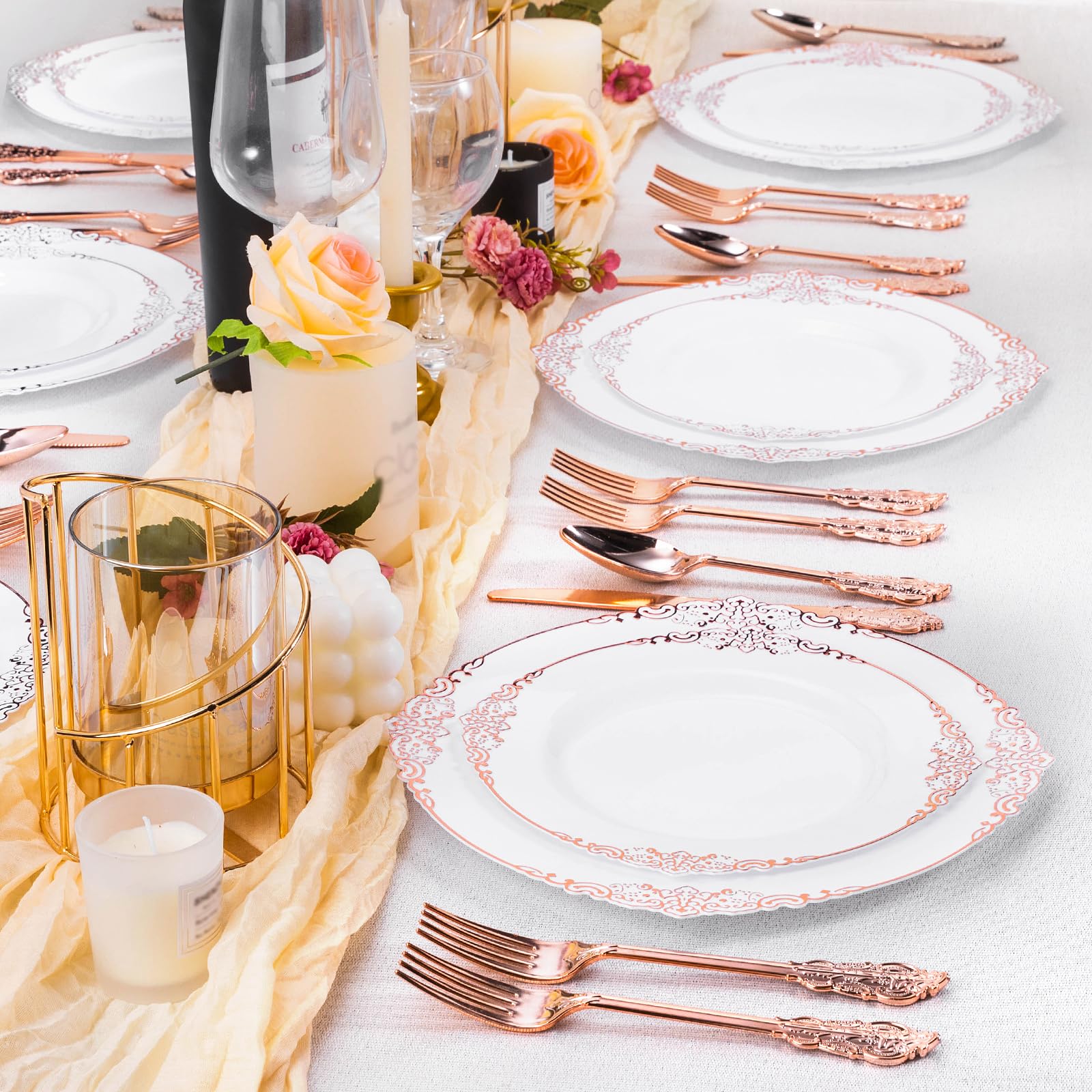 100 PCS White and Gold Plastic Plates for 50 Guests, Gold Disposable Plates Include 50 PCS Dinner Plates, 50 PCS Dessert Plates for Party, Wedding and Graduation