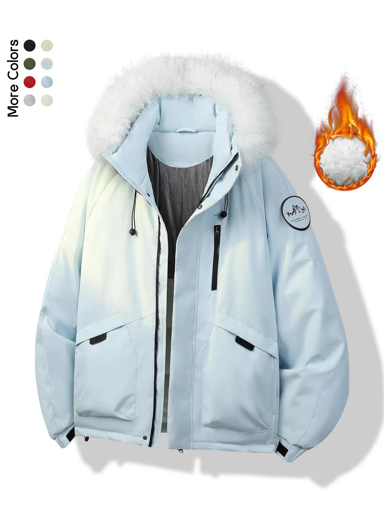Women's Winter Heavyweight Parka Jacket Faux Fur Trim Hooded Fleece Lined Warm Coat Gradient Waterproof Ski Jacket with Pockets