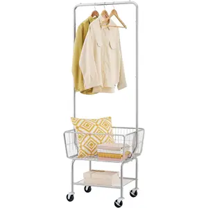 Laundry Cart with Hanging Rack, Metal Rolling Laundry Cart with Wheels and Storage Basket,