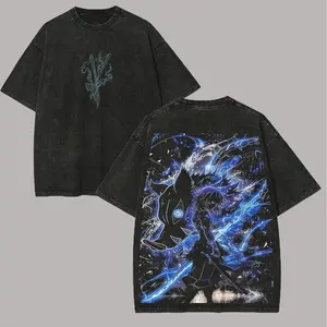 Men's Casual Round Neck Shortsleeve Menswear T-Shirt - Retro Demon Slayer Anime Oversized Graphic, Vintage Washed Inosuke Blue Lightning Distressed, Beast Breathing Streetwear Top with Aesthetic Back Print