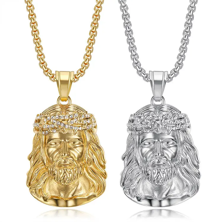 Hip Hop Jesus Necklace for Men Iced Out Christ Head Pendant Gold Plated Stainless Steel Chain Religious Jewelry Gift Men's Cross Catholic Faith Accessory