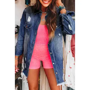 Sky Blue Light Wash Distressed Frayed Long Denim Jacket