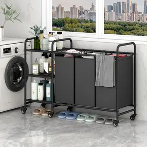 INGIORDAR 3 Bag Laundry Basket Sorter Cart 3 Tier Storage Shelf 6 Heavy Duty Wheels Multifunctional Design Large Capacity Laundry Organizer with Detachable Bags & Lockable Wheels