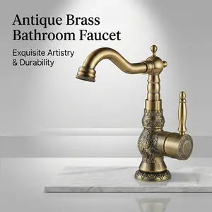 Vintage Bronze Carved Basin Faucet, Single Handle Cold Hot Dual Control Anti-Splash, Bathroom Sink Tap, G1/2 Thread, G3/8 Adapter, 2x60cm Hoses