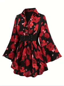 【Plus Size】 Floral Print Button Front Flounce Sleeve Top, Elegant Tie Front Long Sleeve Collared Top for Fall & Winter, Women's Clothes for Daily Wear, Blouse