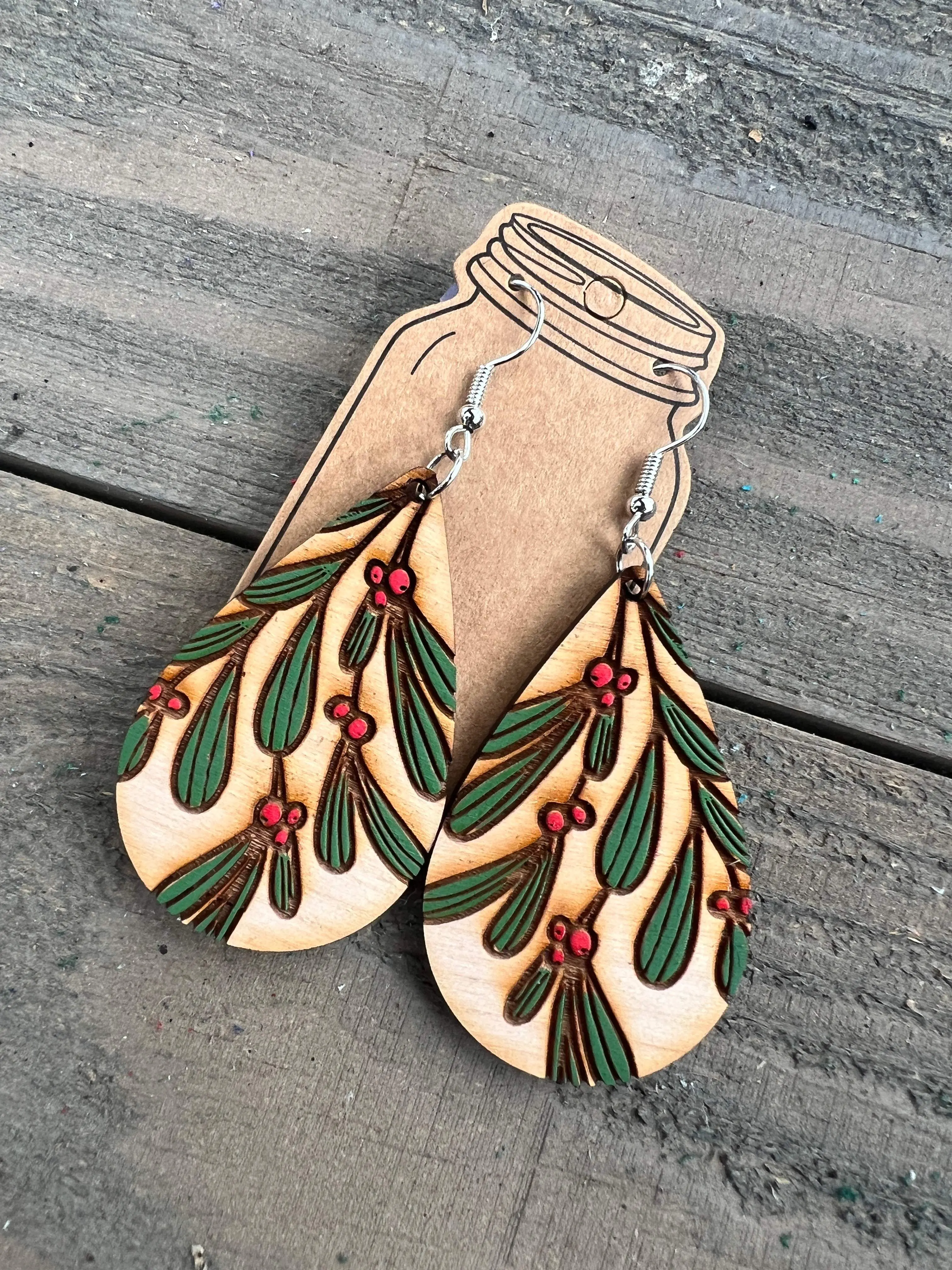 Holly Christmas Engraved Wooden Earrings