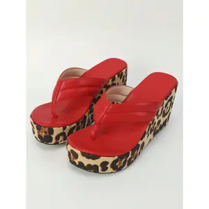 Women Wedge Heel Thick Sole Sandals Spring Summer New Round Toe Red Slippers Fashion Leopard Print Waterproof Platform Casual Holiday Shoes All-Match Plus Size Female Shoes Wedge Heel Red Sandals For Bride Footwear Girl Comfort Design