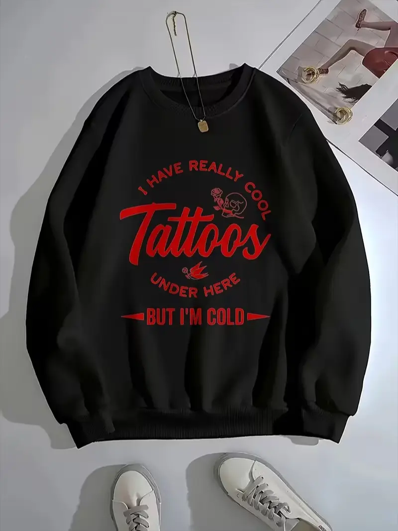 I Have Really Cool Tattoos Under Here But I'm Cold Chest Print Fleece Crewneck Sweatshirt, Funny Tattoo‑Lover Casual Long‑Sleeve Pullover, Daily Holiday Gift