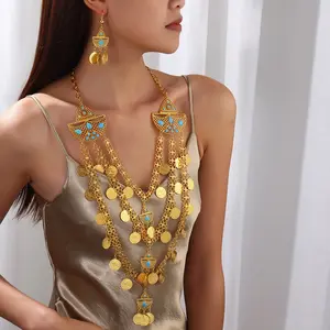 Fashion Retro Gold color Tassel Necklace Earrings Coin Middle East Set Multi-layer Set, Suitable For Holiday Gifts, Gatherings And Weddings To Wear